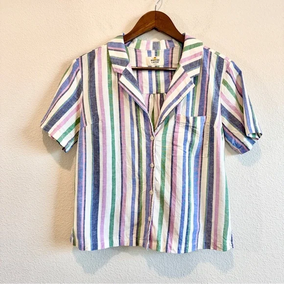 Marine Layer Lucy Resort Shirt Coastal Stripe Hemp Pastel Camp Beachy Travel XS - Picture 2 of 10
